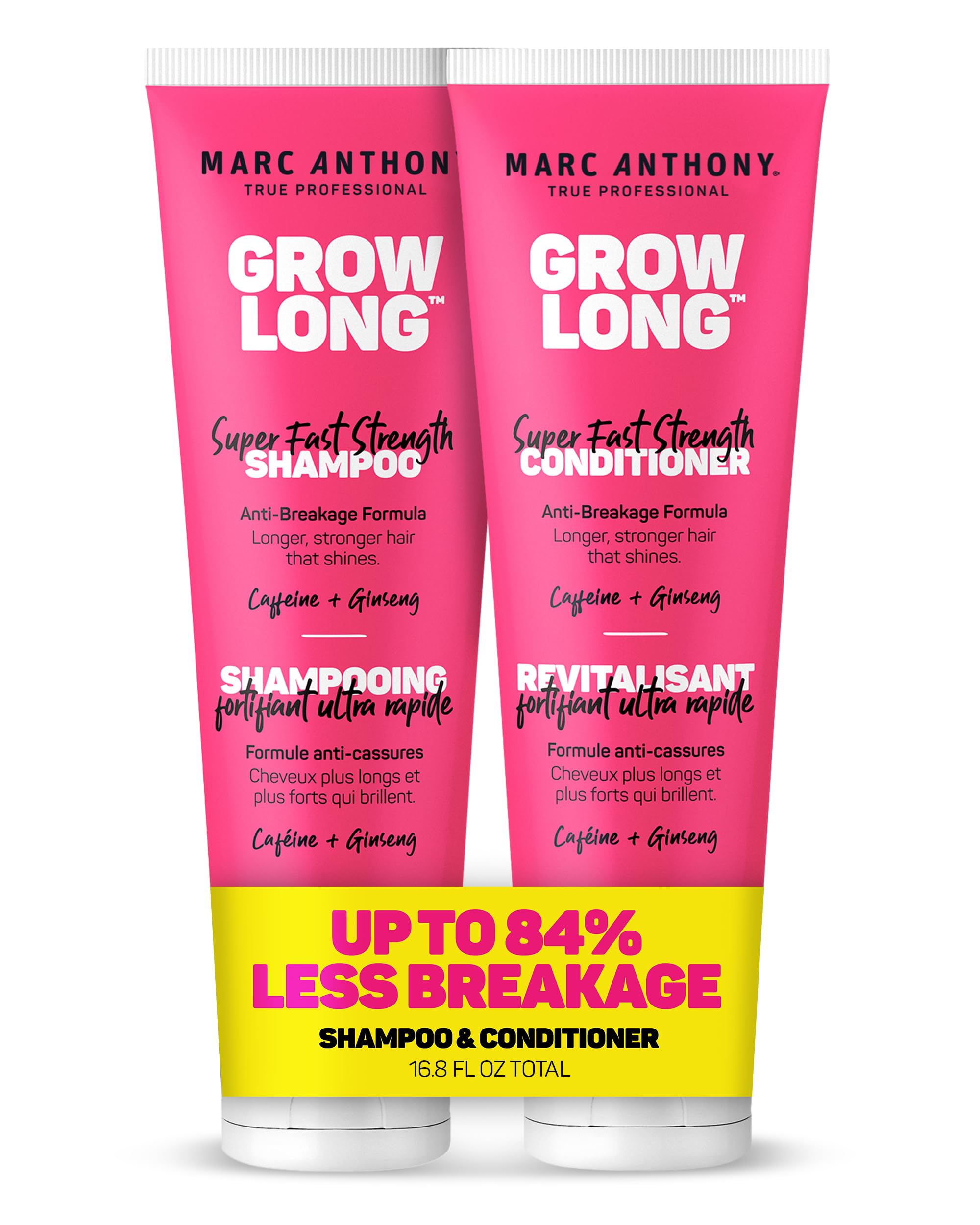 Marc Anthony Grow Long champú, botella vertida para limpieza suave y revitalizante.