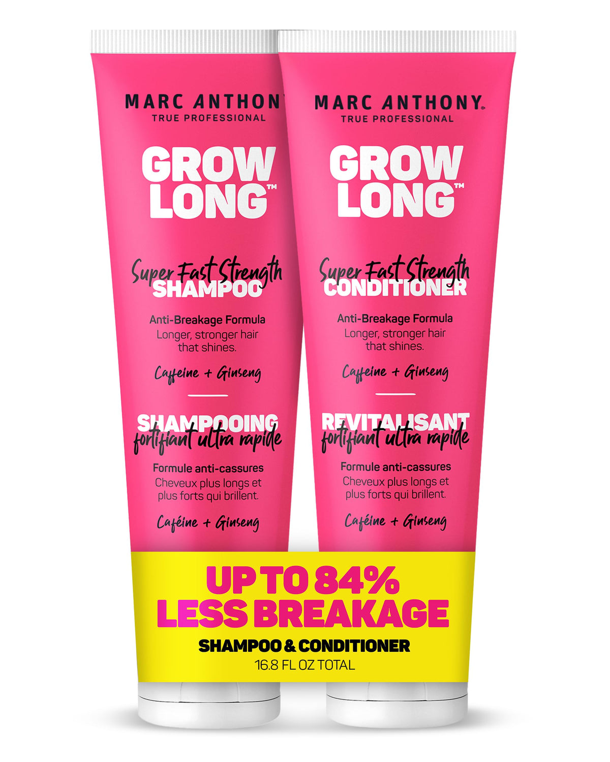 Marc Anthony Grow Long champú, botella vertida para limpieza suave y revitalizante.