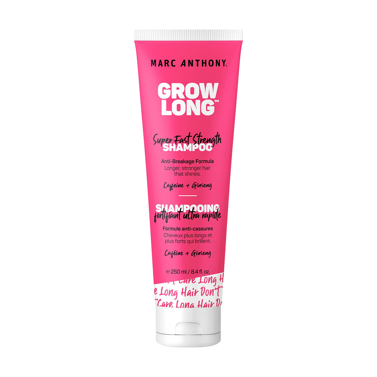 Marc Anthony Grow Long shampoo bottle offers a refreshing cleanse and anti-breakage support.