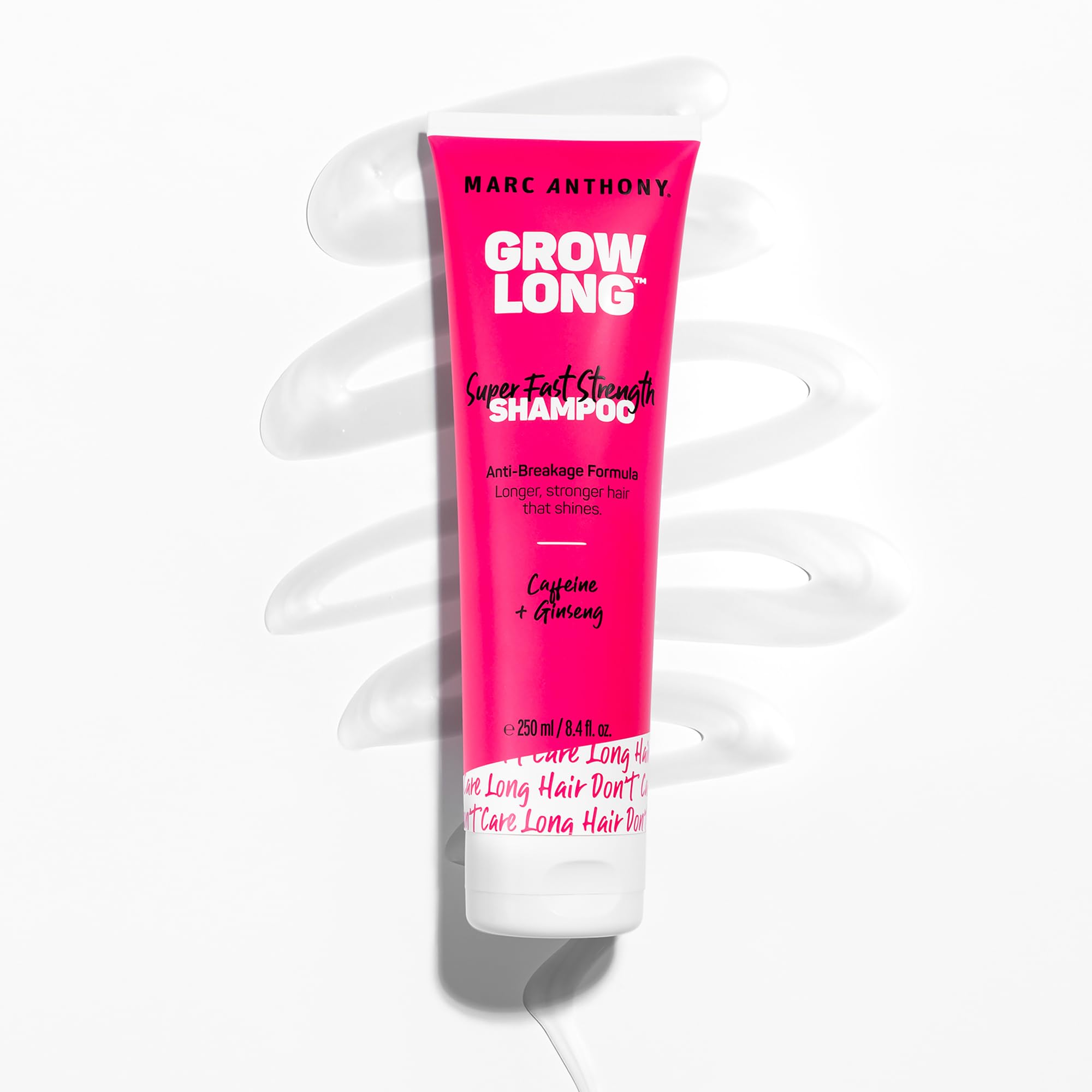 Marc Anthony Grow Long shampoo label signals anti-breakage powered by ginseng and caffeine.