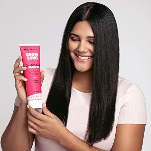 Marc Anthony Grow Long shampoo splash communicates cleansing and long-hair focus.