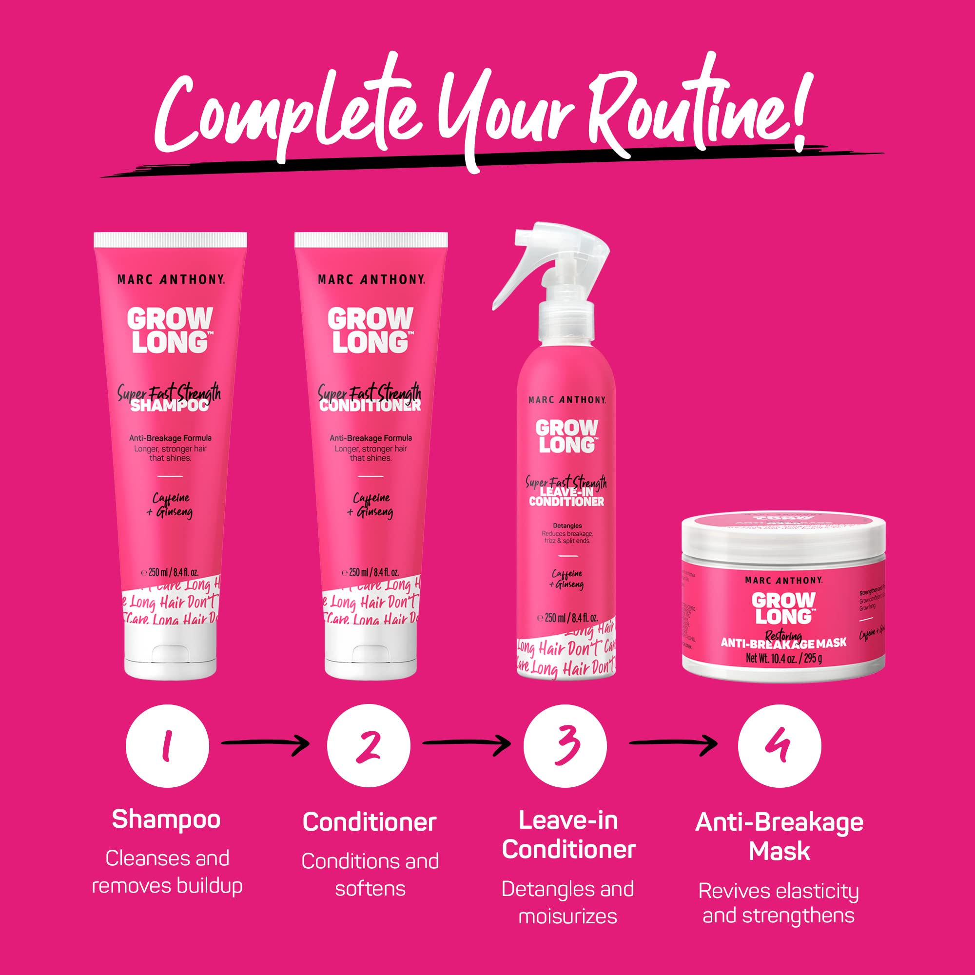 Marc Anthony Grow Long uso diario, rutina rápida para cabello más fuerte y saludable.