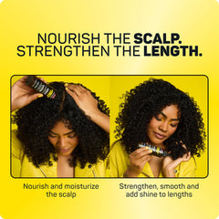 Marc Anthony Strengthening Scalp Oil shown with non-greasy texture on hands.