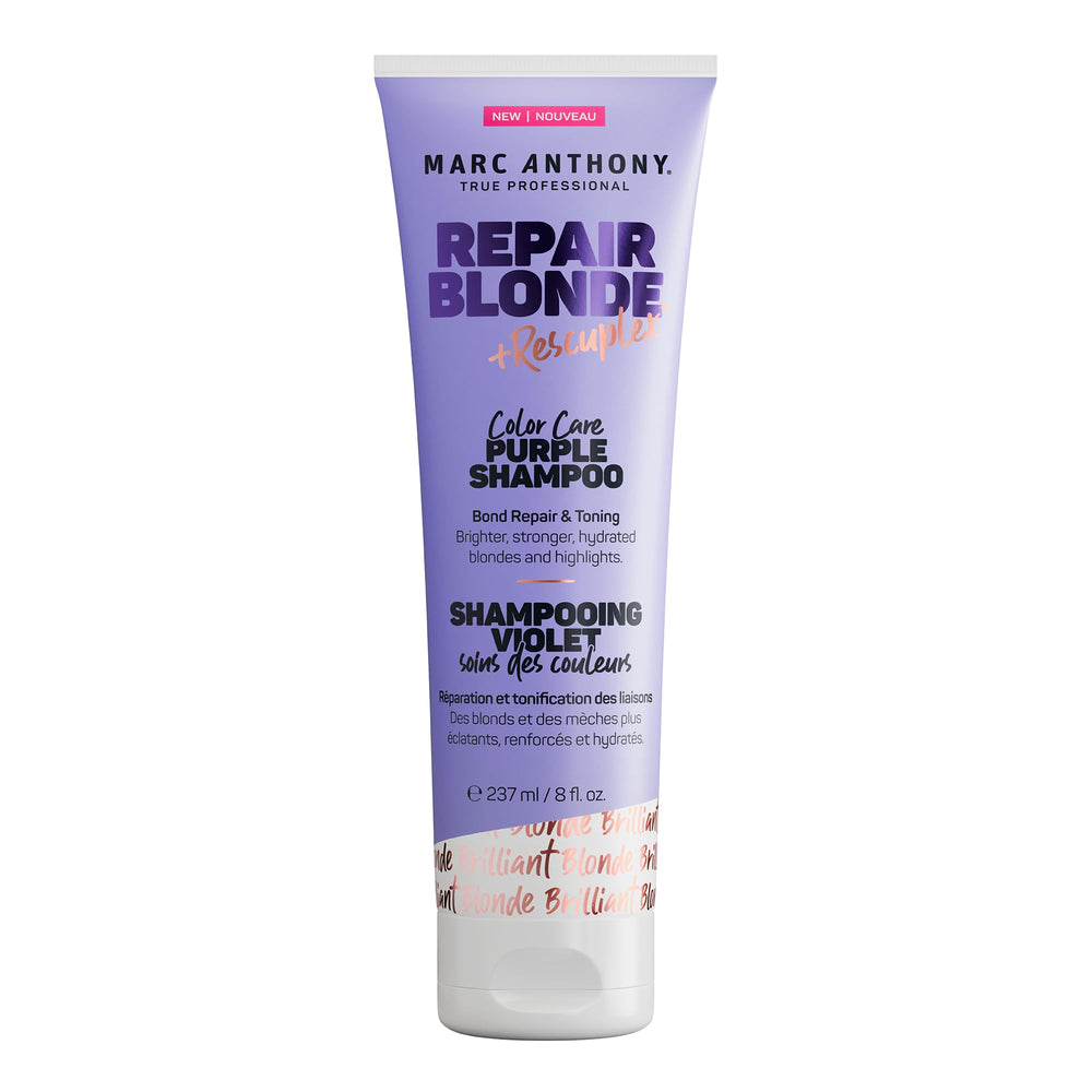 Marc Anthony Repair Blonde Shampoo bottle showing violet color for toning