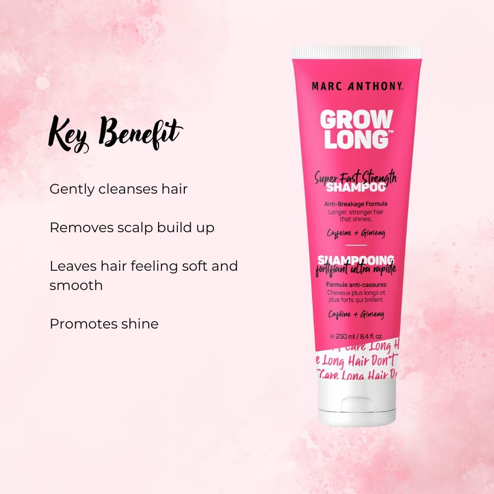 Marc Anthony Strengthening Biotin Shampoo bottle emphasizes vitamin E and caffeine for nourishment.