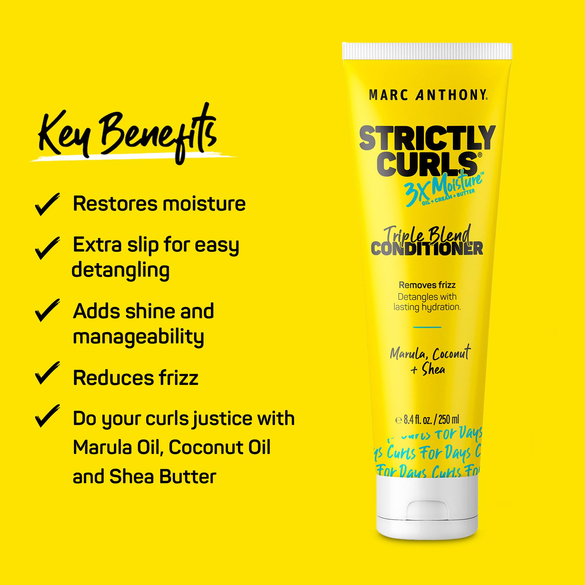 Marc Anthony Strictly Curls aplicación tras lavado aporta desenredo suave y brillo.