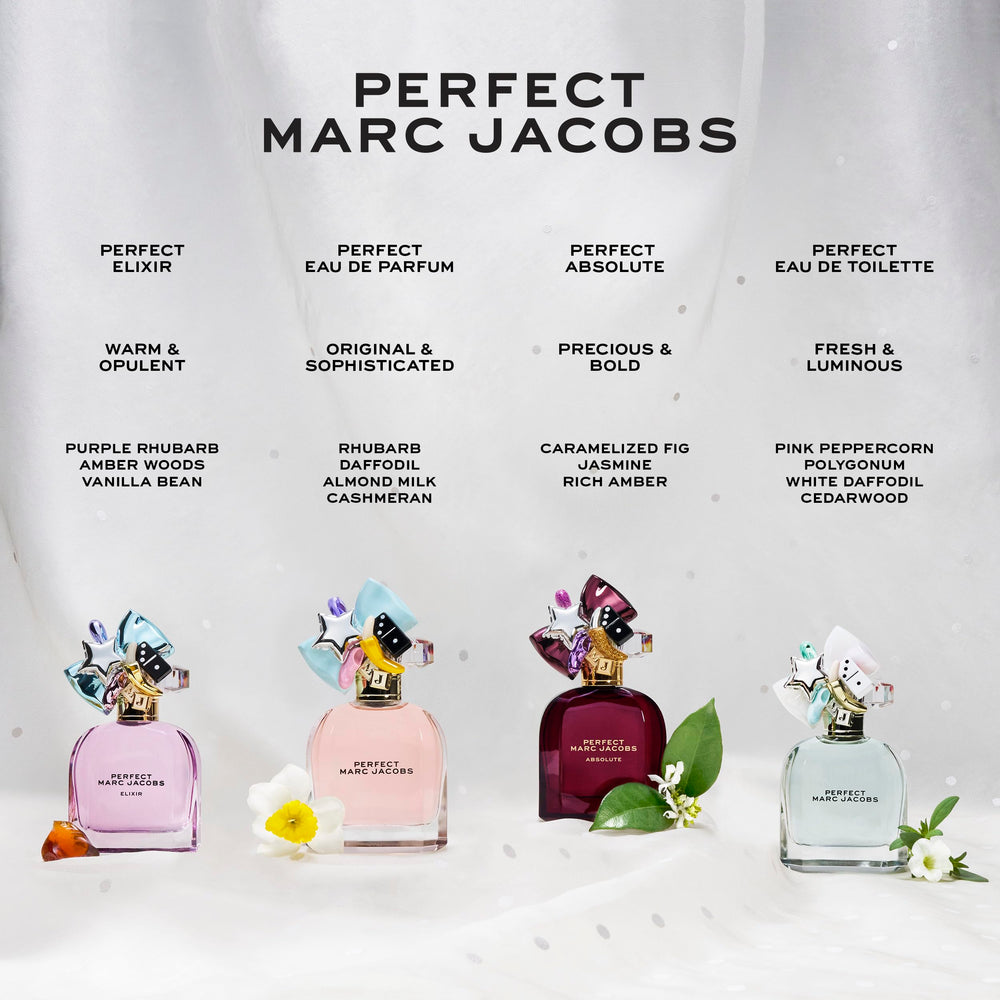 Marc Jacobs Perfect travel spray on a dresser for daily fragrance ritual.