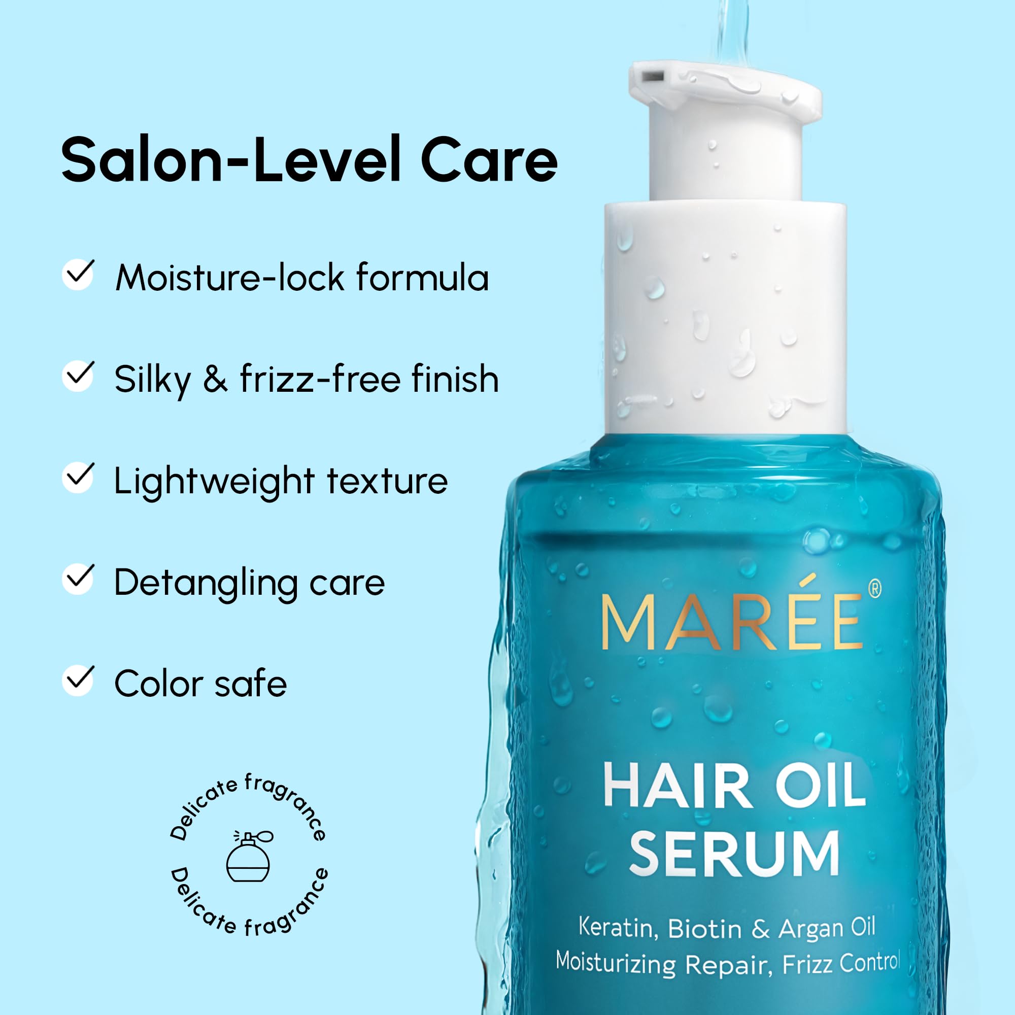MAREE Aceite capilar protege del calor, ideal para peinados diarios.