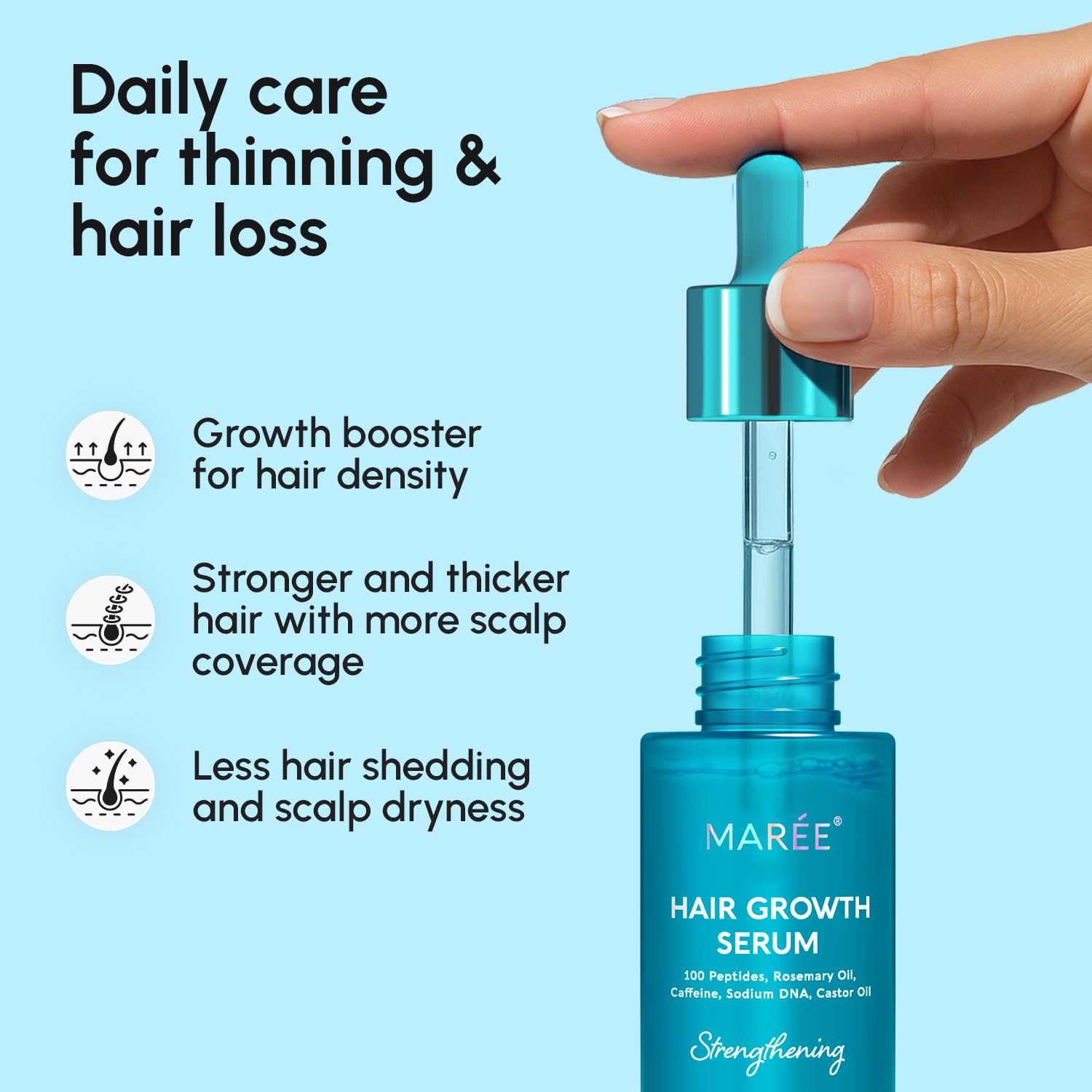MAREE Caffeine Peptide Serum label focuses on fast-absorbing scalp revitalization.