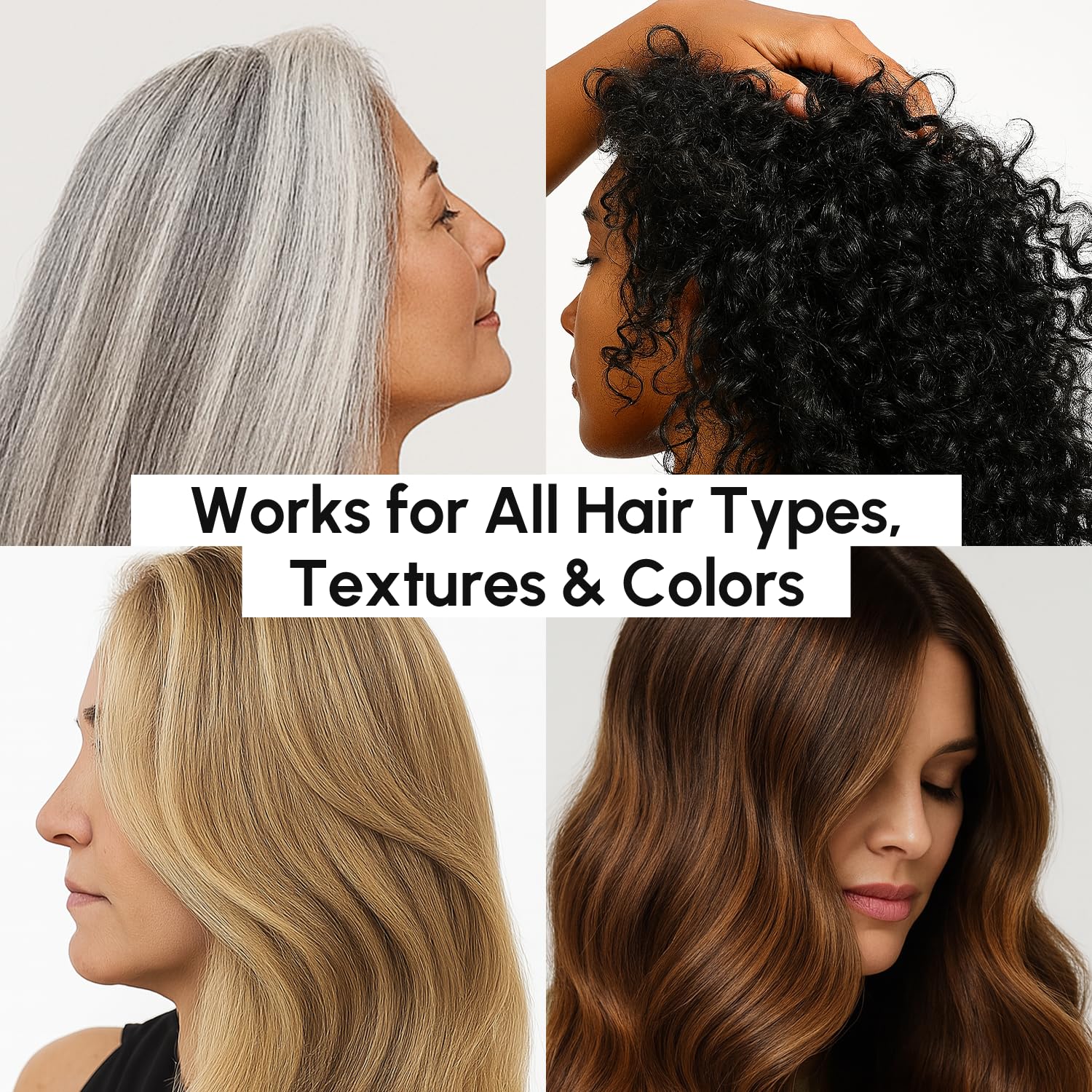 Frizz control cue shows sleek, manageable hair after use.