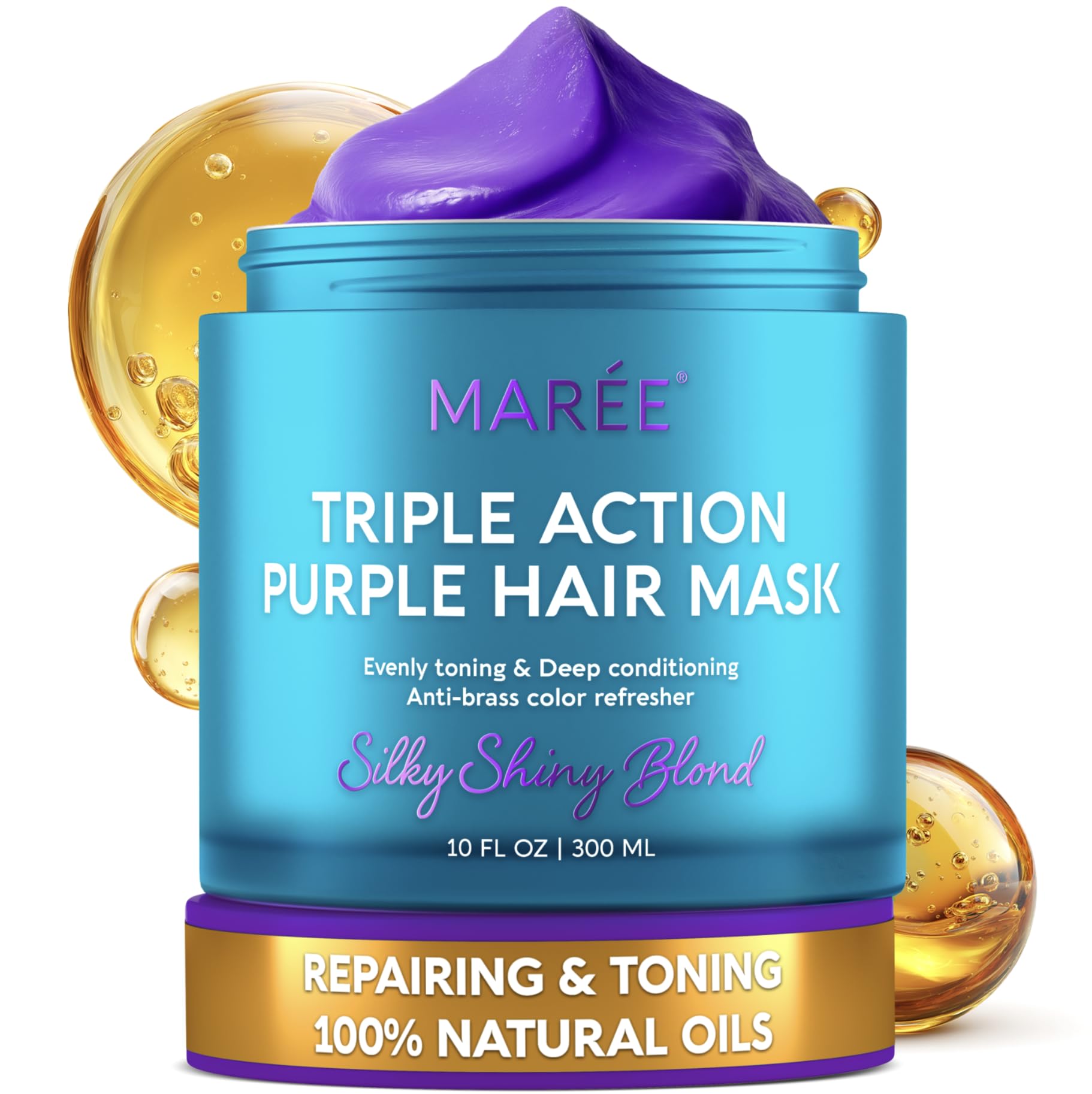 MAREE purple hair mask bottle showing triple-action conditioning for brassy tones.