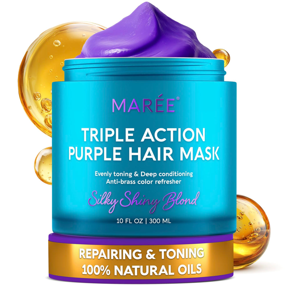 MAREE purple hair mask bottle showing triple-action conditioning for brassy tones.