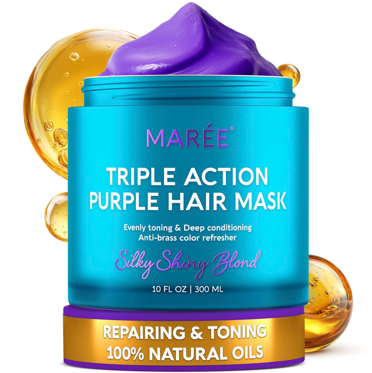 MAREE purple hair mask bottle showing triple-action conditioning for brassy tones.