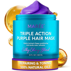 MAREE purple hair mask bottle showing triple-action conditioning for brassy tones.