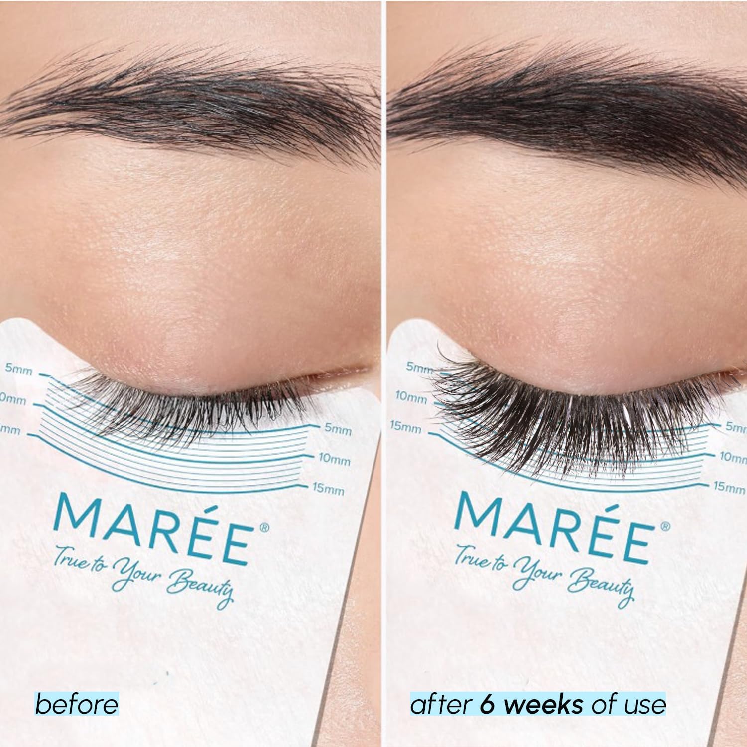 MAREE Eyelash Serum showcases lash length growth.