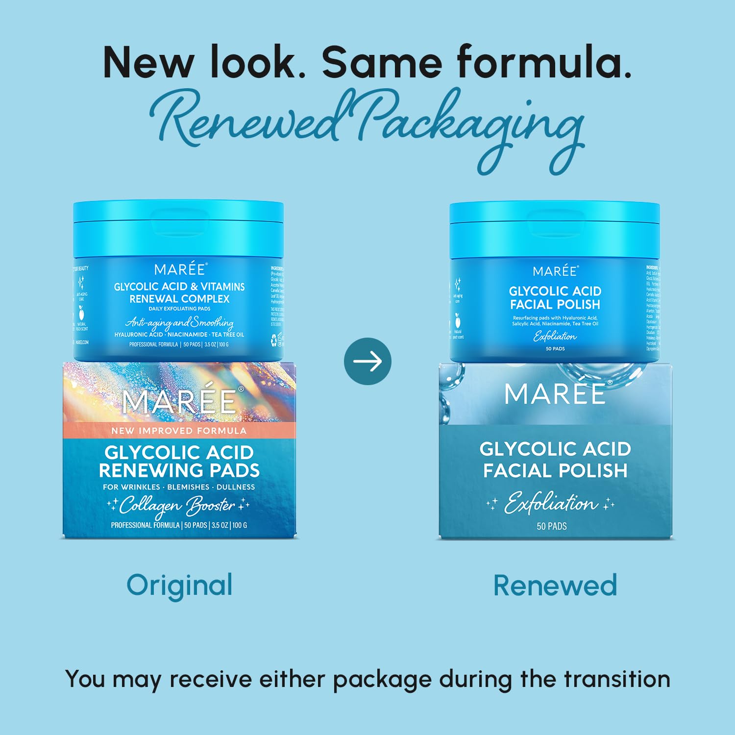 MARÉE Glycolic pads in use, exfoliating to reveal brighter complexion