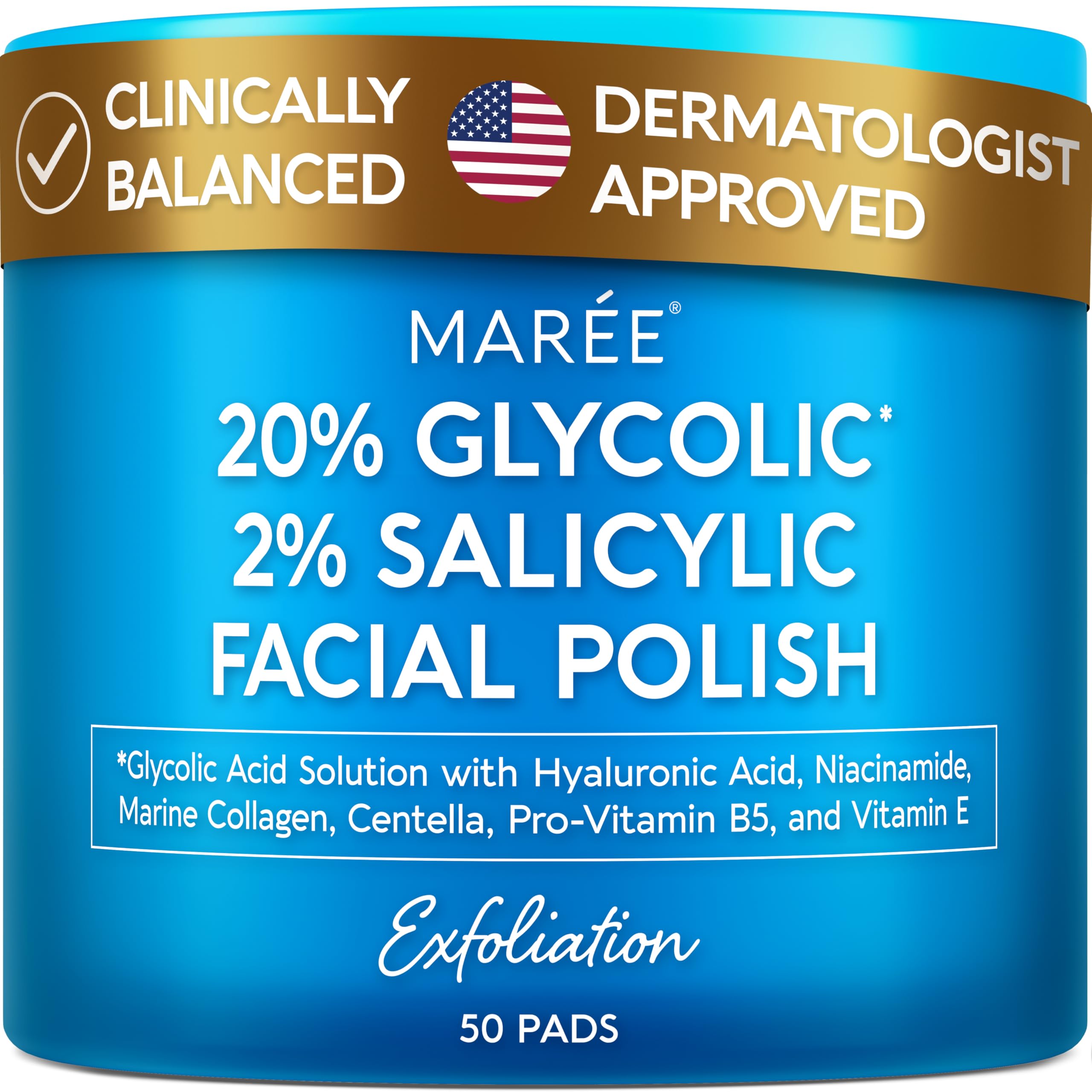 MAREE Glycolic Pads bottle showing the 20% exfoliating formula for radiant skin.
