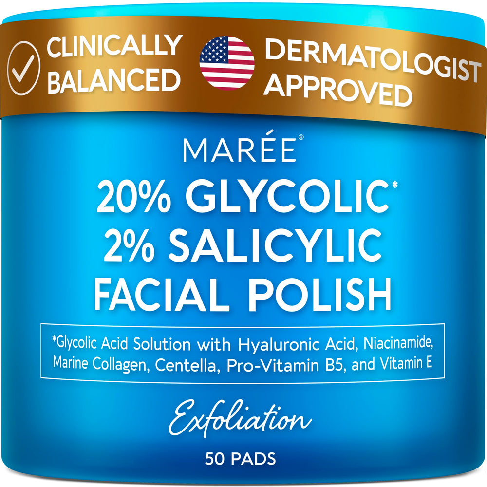 MAREE Glycolic Pads bottle showing the 20% exfoliating formula for radiant skin.