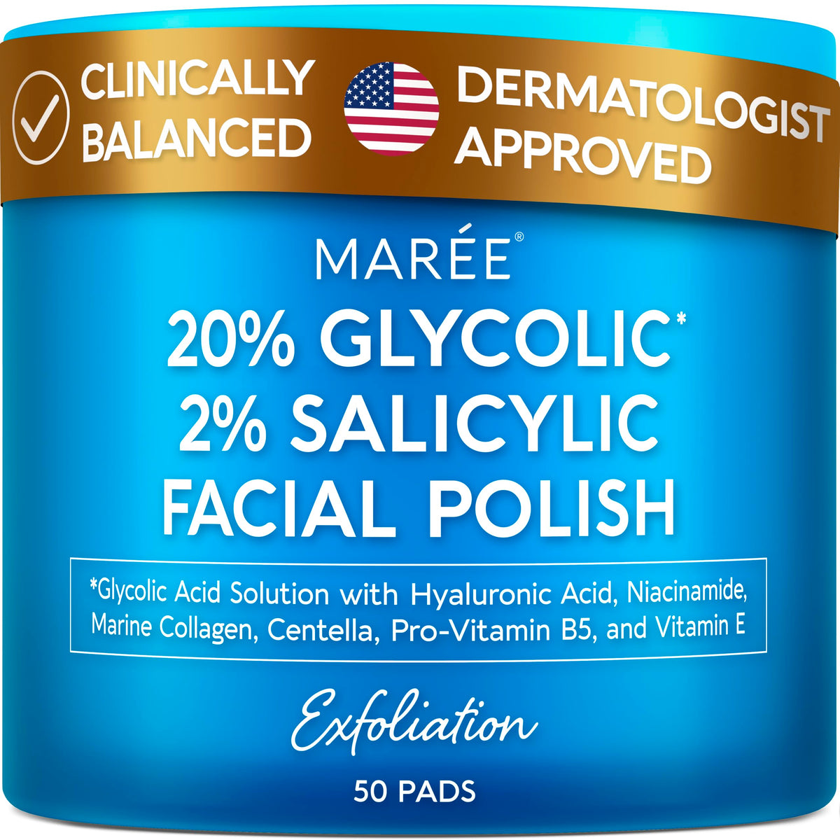 MAREE Glycolic Pads bottle showing the 20% exfoliating formula for radiant skin.