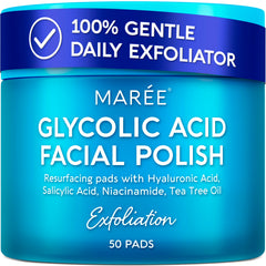 MAREE Glycolic Acid Pads packaging highlighting at-home exfoliation benefits