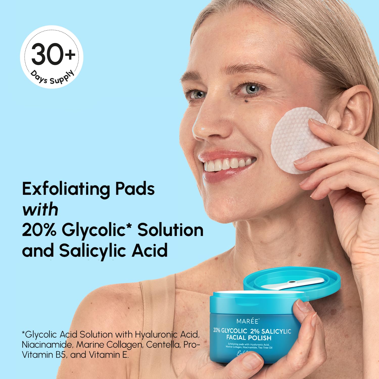 MAREE Glycolic pads smooth side close-up demonstrates residue removal without harsh scrubbing.