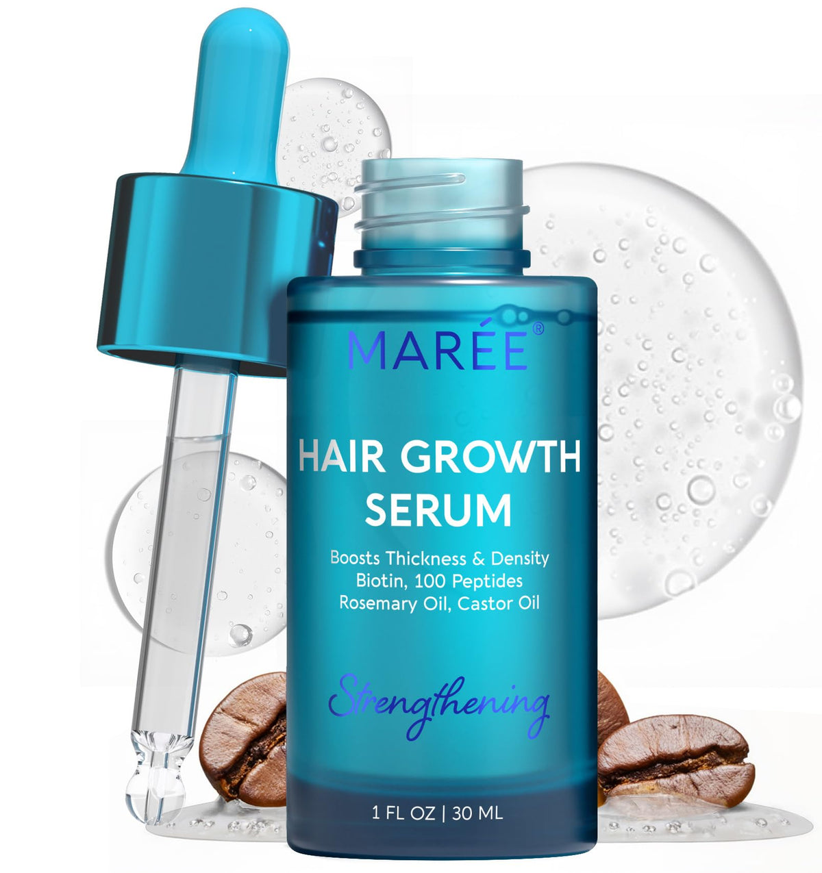 MAREE Hair Growth Serum bottle on white background, premium scalp care for healthier-looking hair.