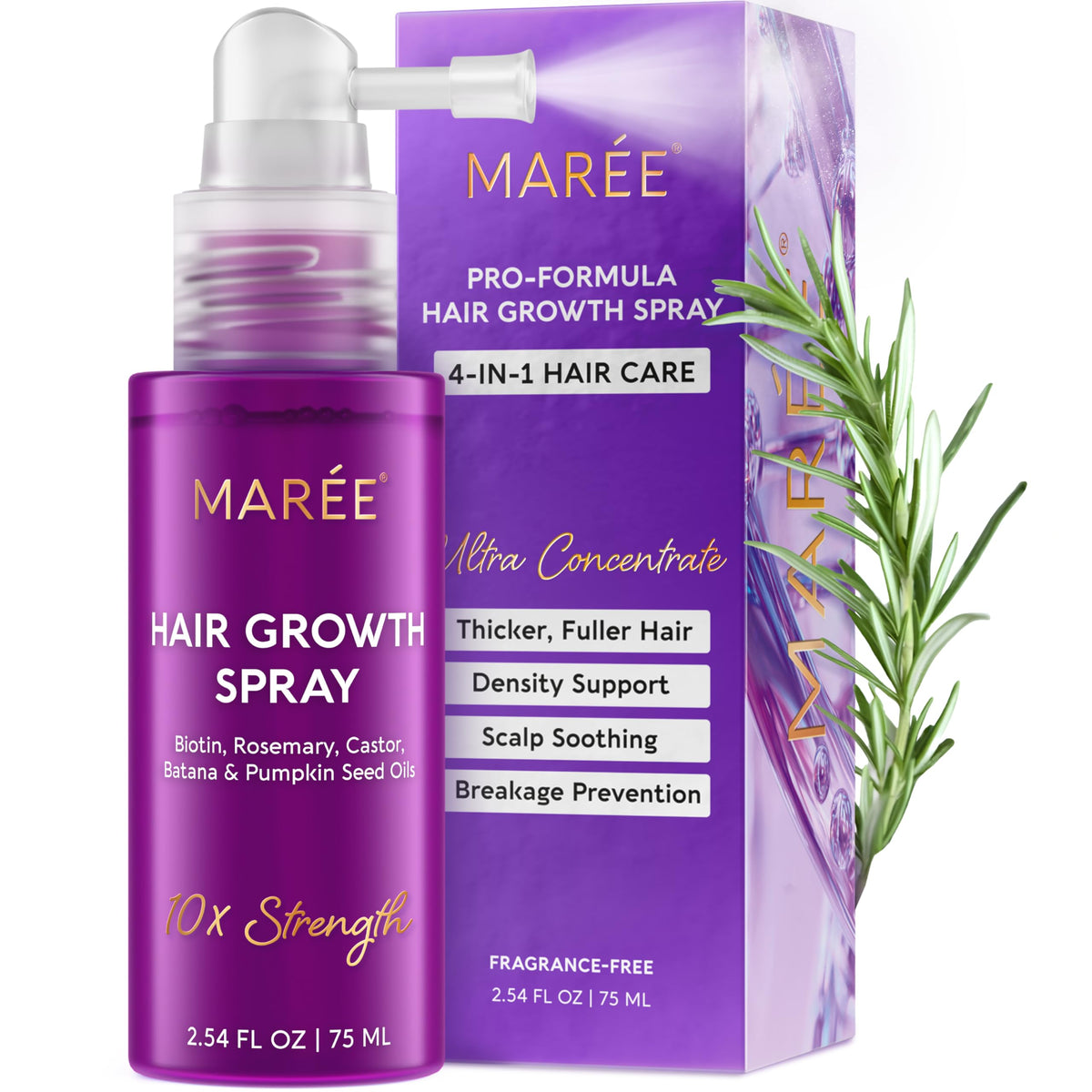 MAREE Hair Growth Spray bottle showcasing lightweight scalp care formula.