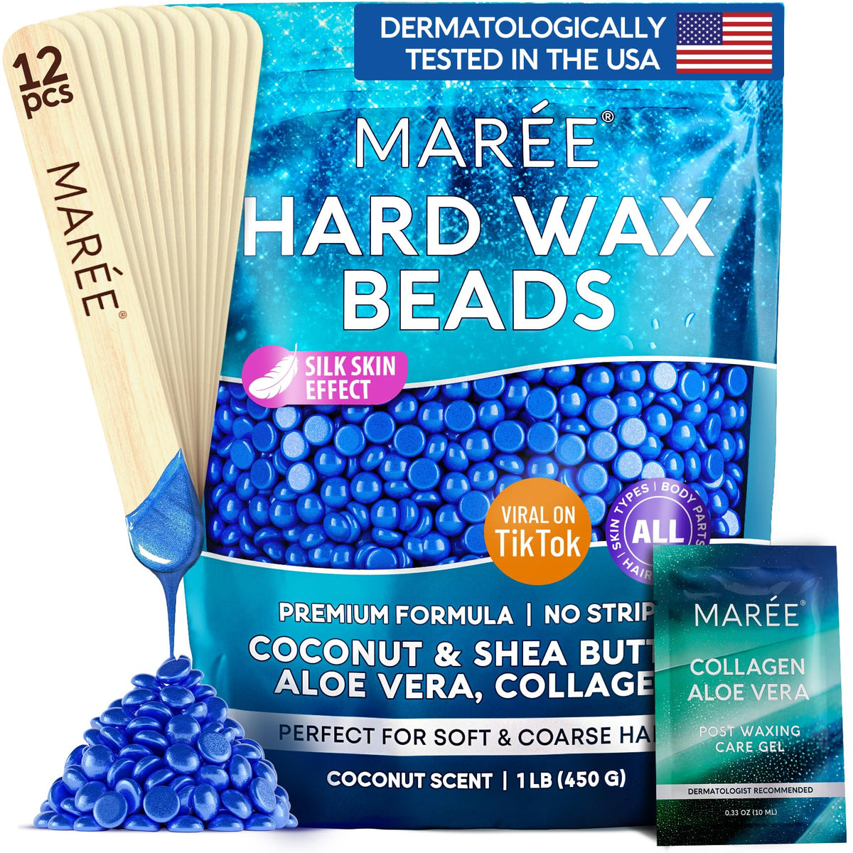 MAREE Hard Wax Beads packaging ready for at home waxing with sensitive skin formula