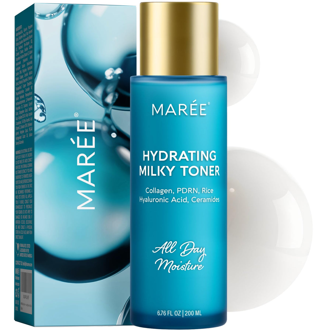 MAREE Hydrating Milky Toner bottle close-up with rice ferment highlight