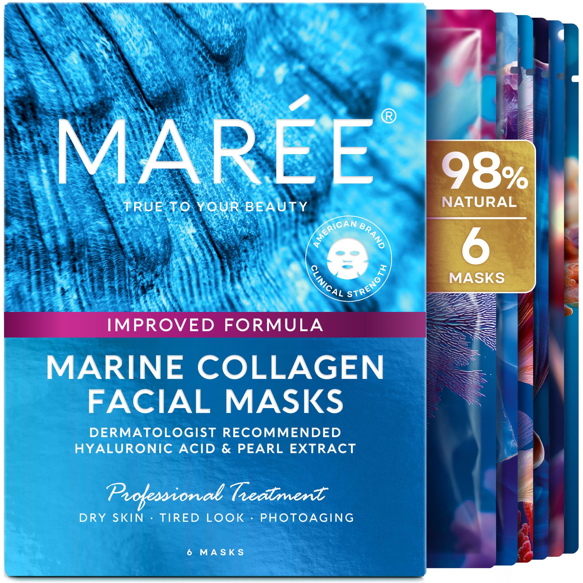 MAREE mascarilla facial de colágeno con ácido hialurónico para hidratación profunda.