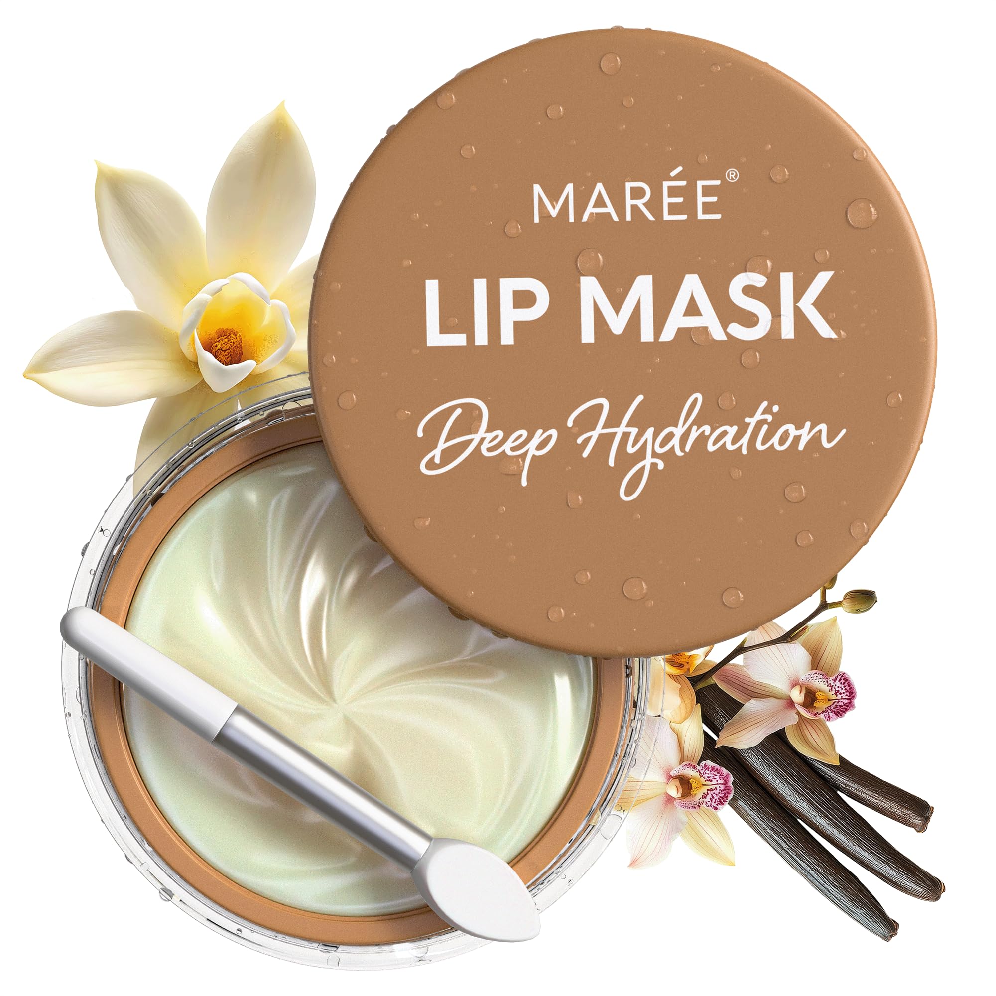 MAREE mascarilla labial nocturna de vainilla en botella para hidratación profunda.