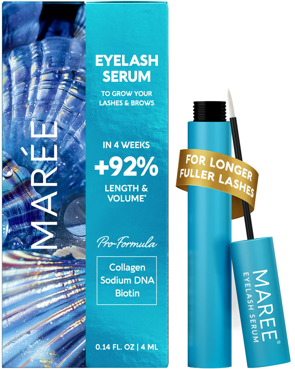 MAREE serum para pestañas, botella visible, favorece crecimiento natural.