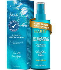 MAREE Texture Spray bottle closeup shows a lightweight finish for airy volume.