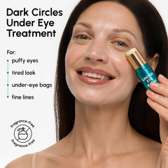 Closeup of MAREE eye balm packaging showing gluten-free, fragrance-free formula