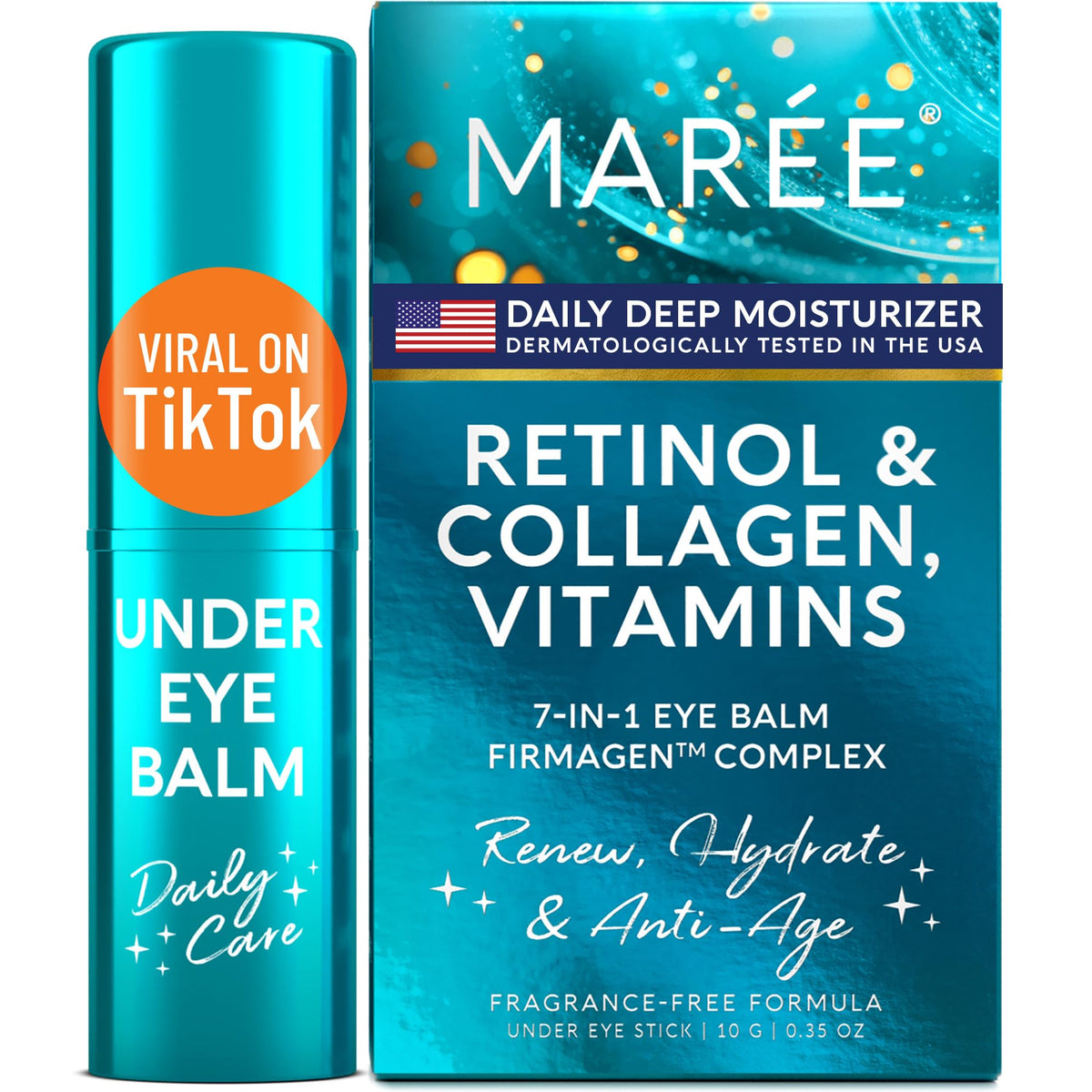 MAREE Under Eye Balm Stick with retinol and ceramide being applied to the under-eye area for smoothness