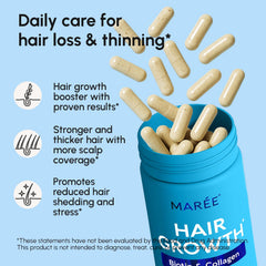 MAREE cápsulas en mano muestran biotina y colágeno para el cabello.