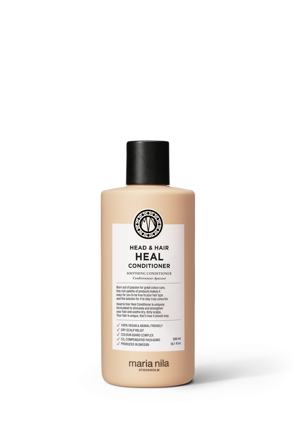 Maria Nila Head and Hair Heal conditioner bottle ready for use, offering scalp soothing benefits.