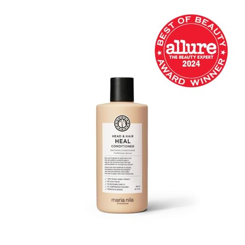 Maria Nila Head and Hair Heal conditioner label highlights vegan and sulfate free credentials.