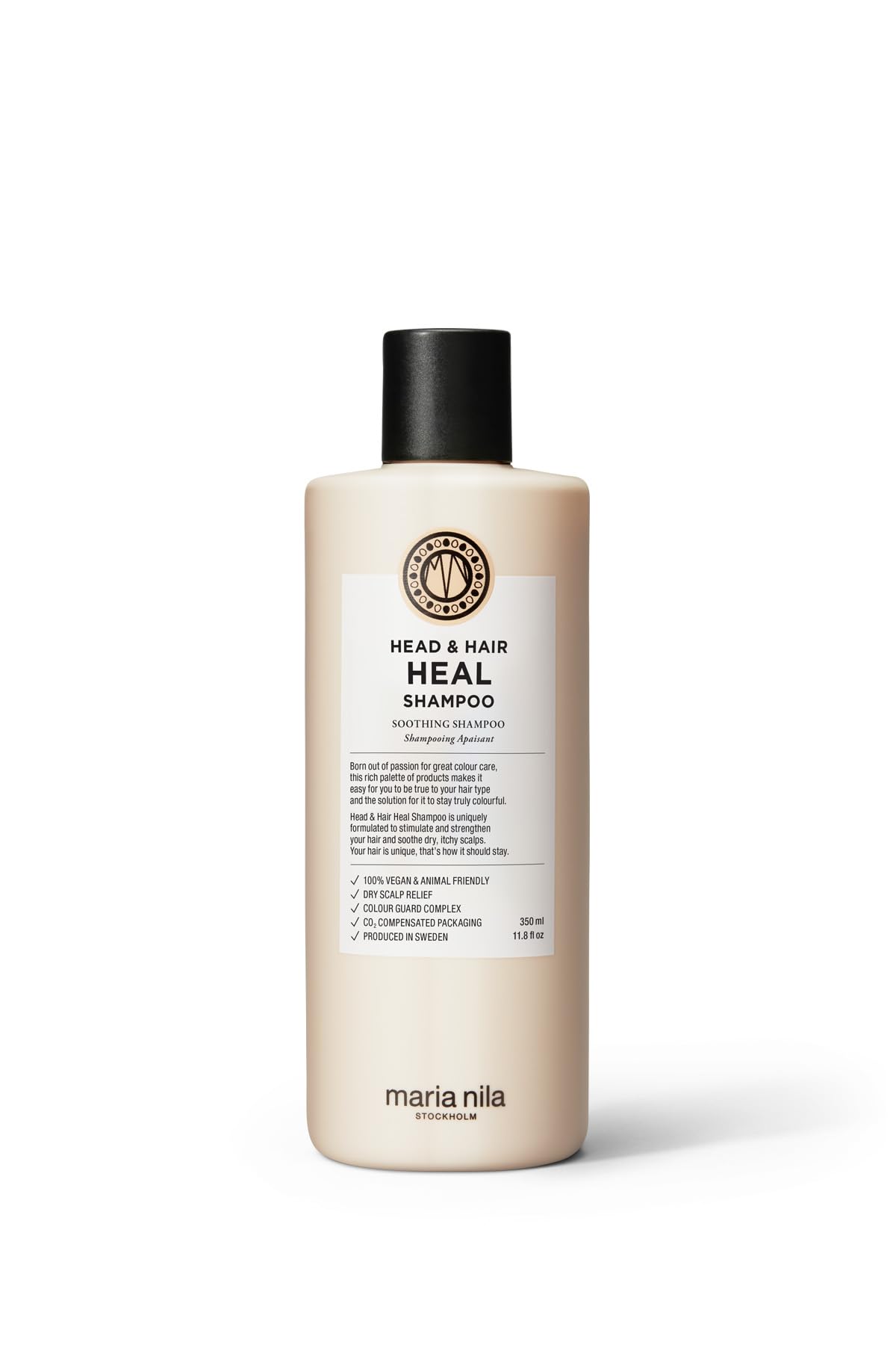 Maria Nila Head & Hair Heal Shampoo bottle shows soothing formula for dry scalp
