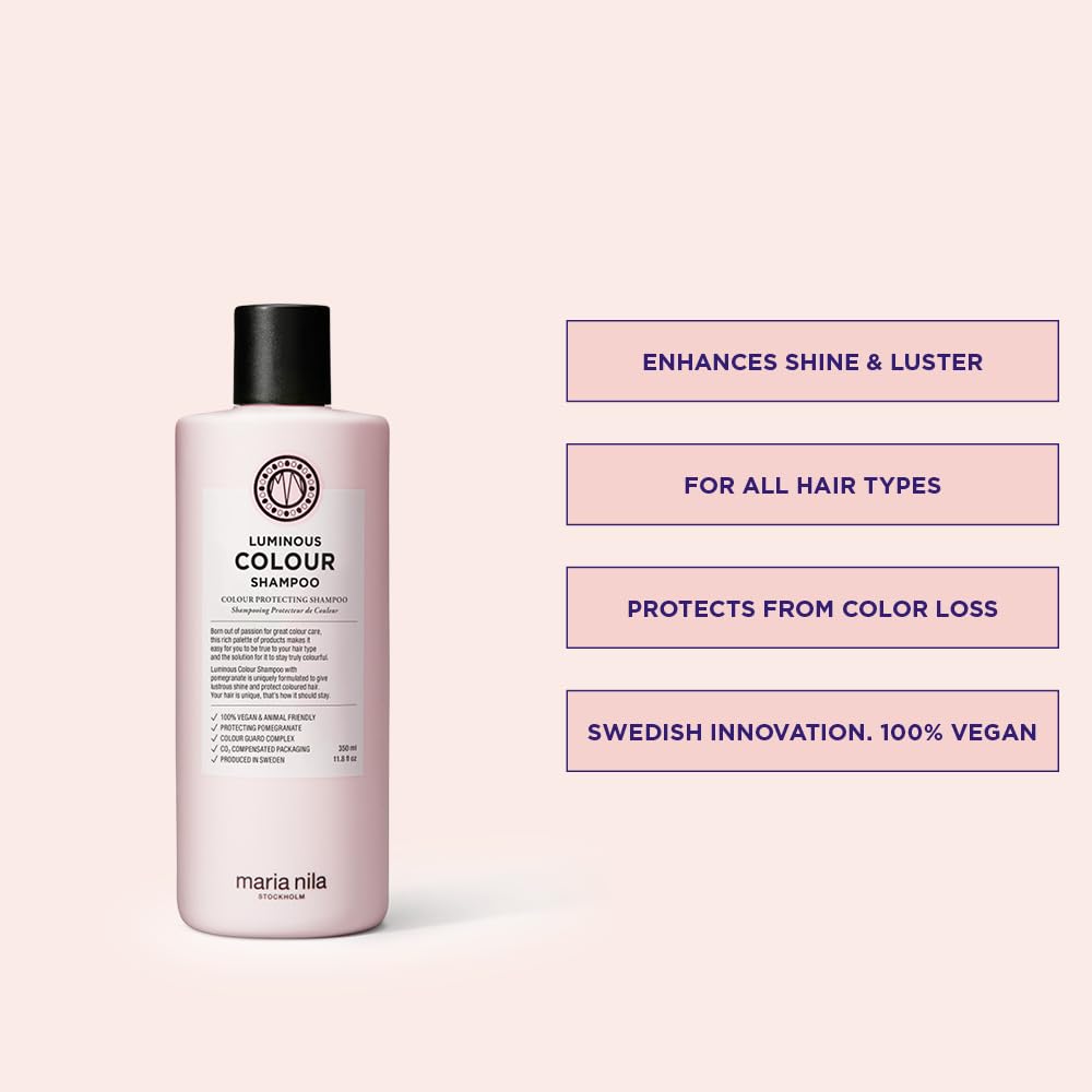 Maria Nila Luminous Colour Shampoo close-up label highlights vegan, sulfate-free formula