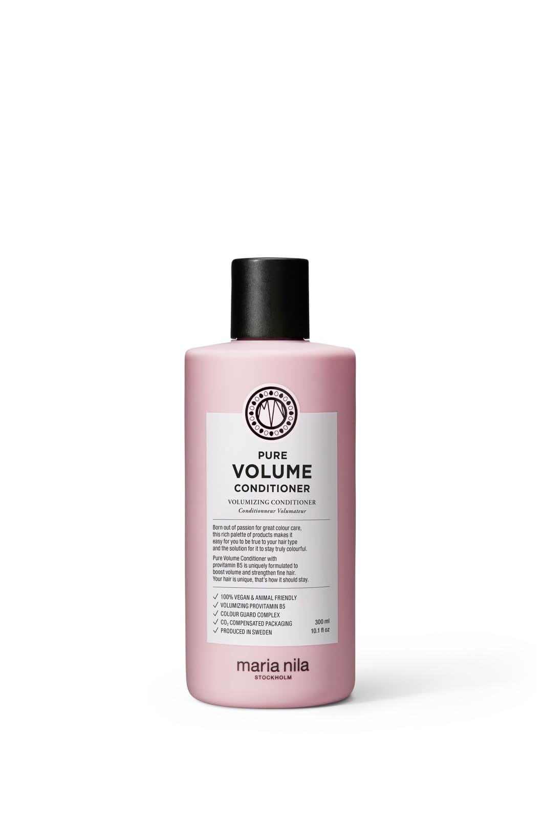 Maria Nila Pure Volume Conditioner bottle close-up highlighting the volume-boosting formula.