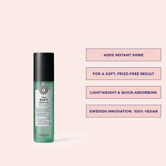 Close-up of Maria Nila True Soft bottle label emphasizing vegan, sulfate- and paraben-free formula