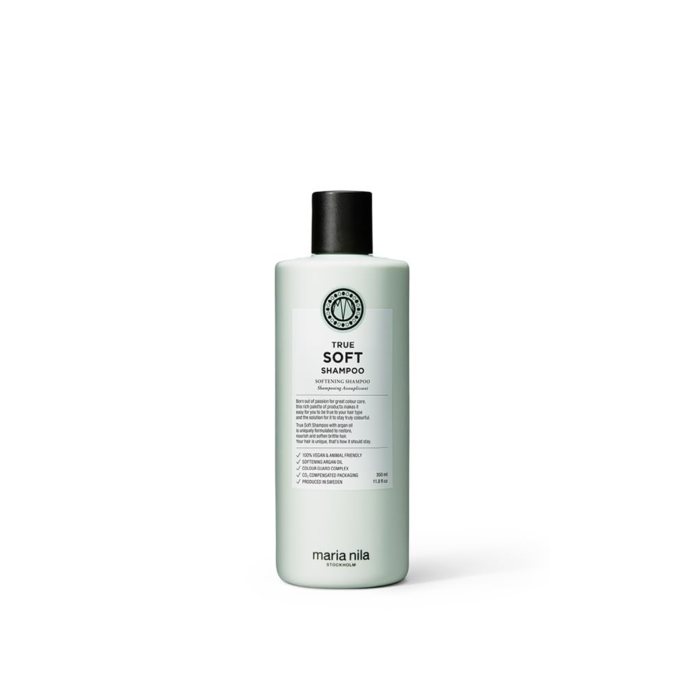Maria Nila True Soft shampoo bottle with argan oil for gentle moisture and frizz control