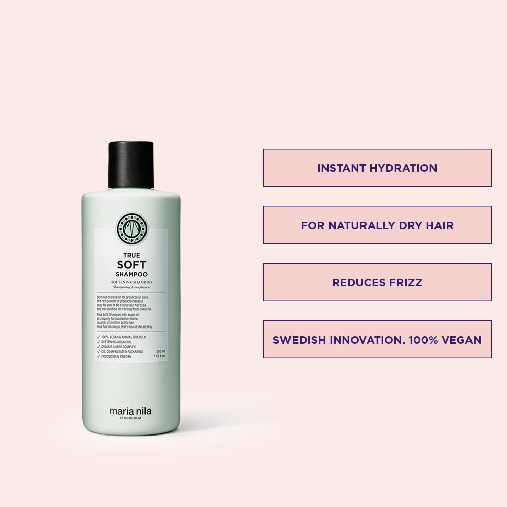 Maria Nila True Soft label closeup highlighting vegan, sulfate-free formula for clean, responsible hair care