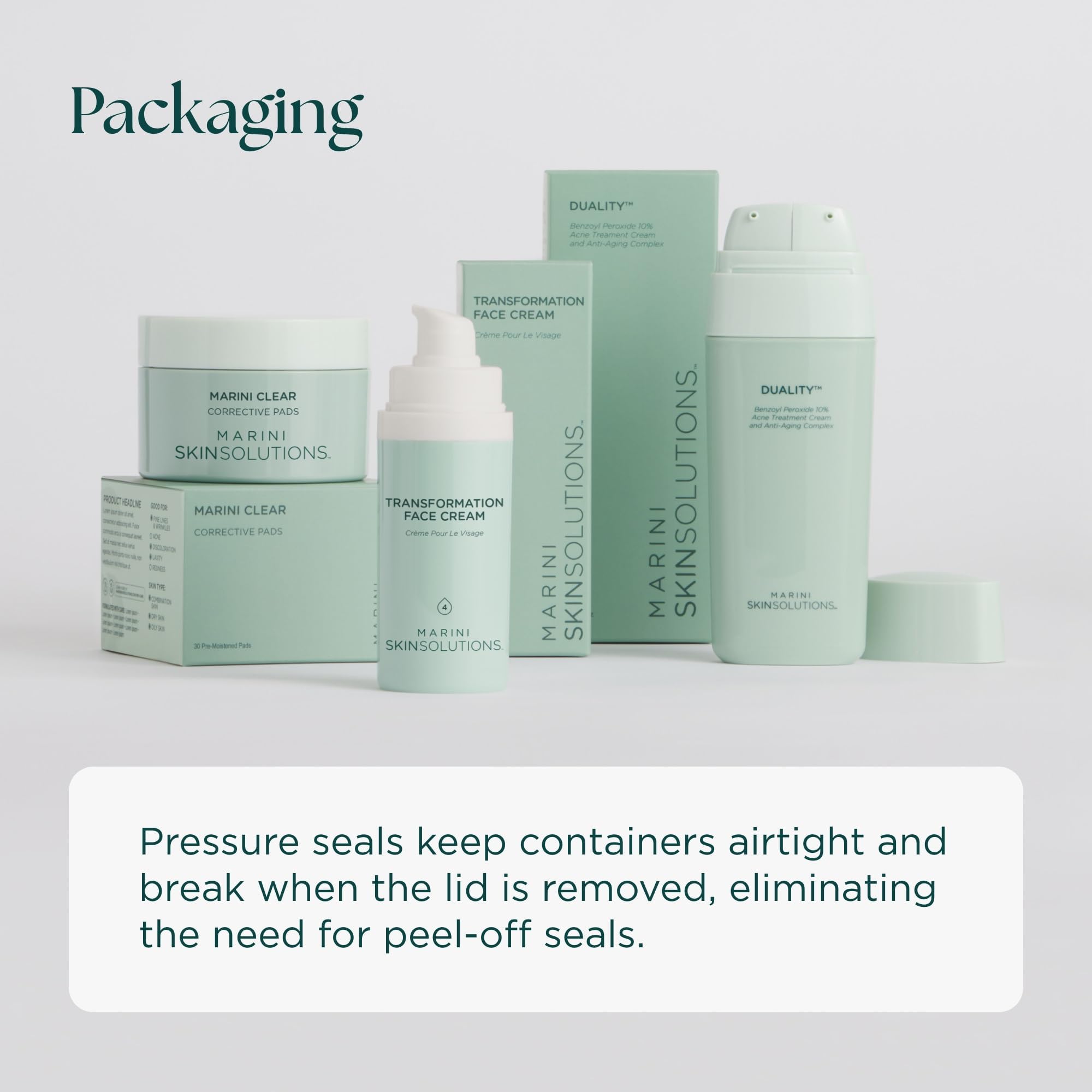 Marini SkinSolutions packaging shows a does-not-contain safety list.