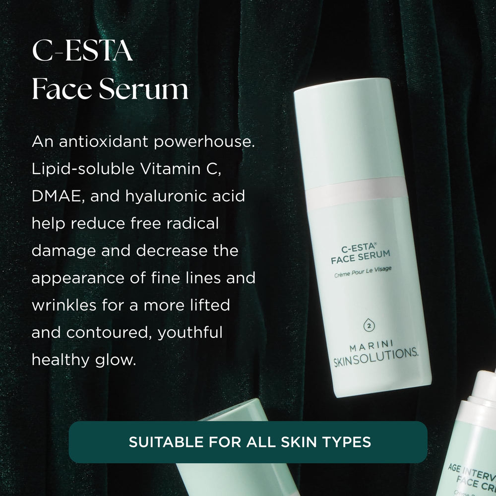 Marini SkinSolutions C-ESTA serum bottle closeup, DMAE for a firmer feel
