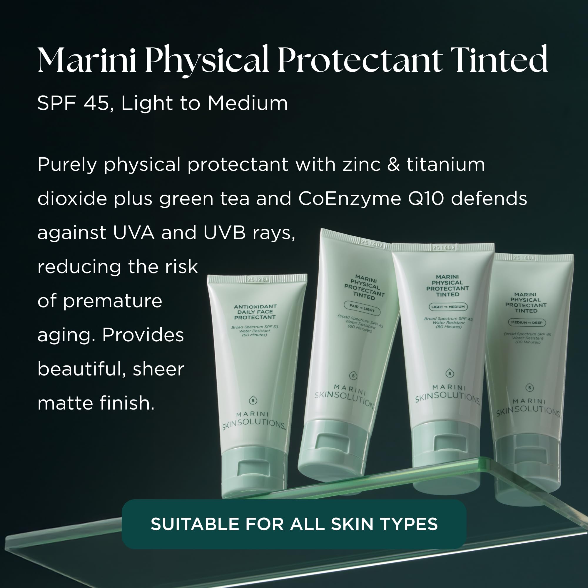 Marini SkinSolutions tinted SPF 45 label signals broad-spectrum protection.