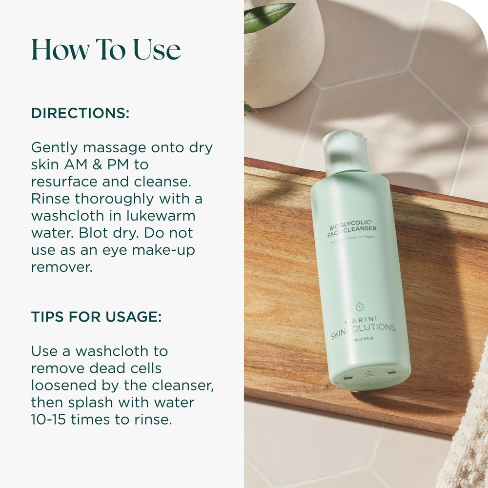 Marini SkinSolutions Bioglycolic Face Cleanser on a bathroom shelf highlighting non-foaming formula.