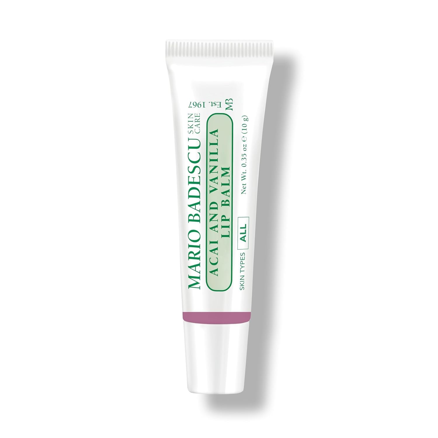Dispensing balm shows quick, non-greasy moisture from Mario Badescu Acai Vanilla Lip Balm.