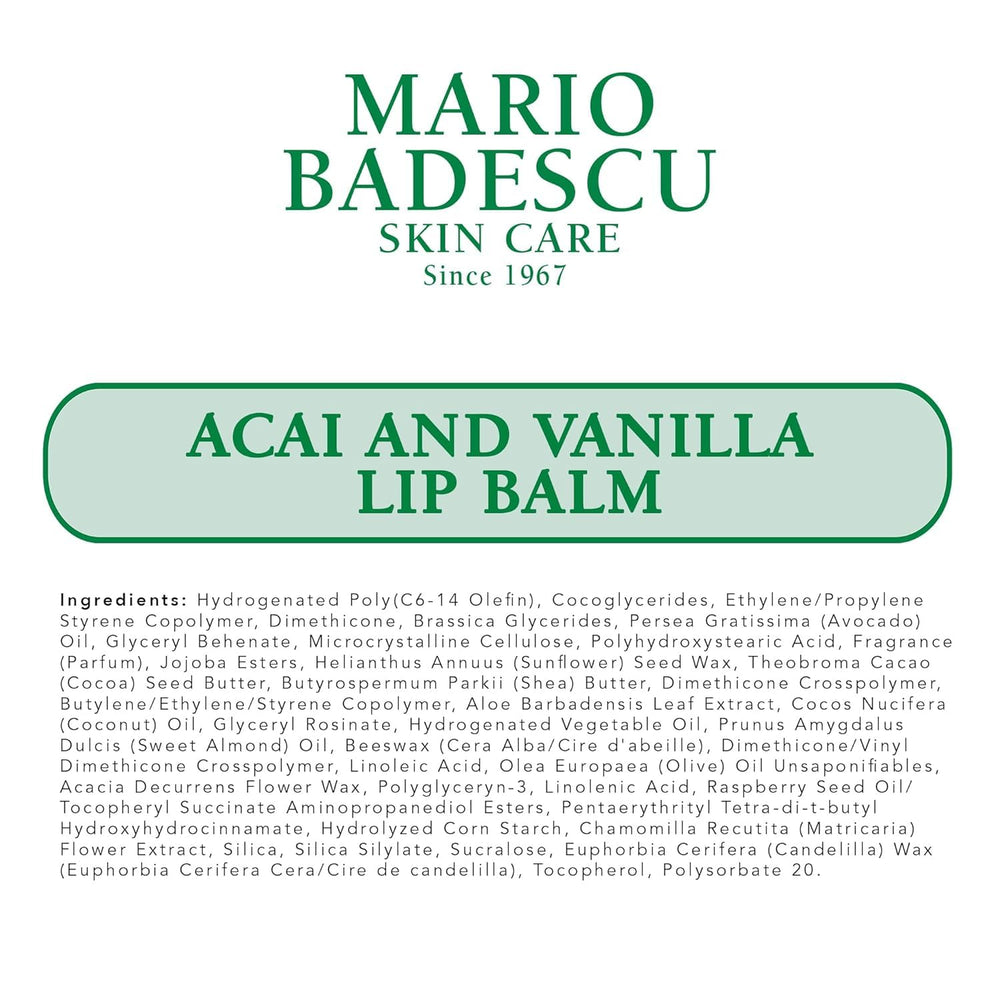 Compact side view demonstrates purse-ready Mario Badescu Acai Vanilla Lip Balm.